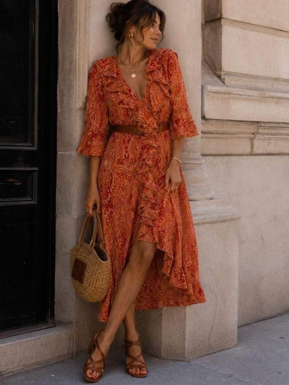At Last Rust Paisley Ruffle Wrap High-Low Dress